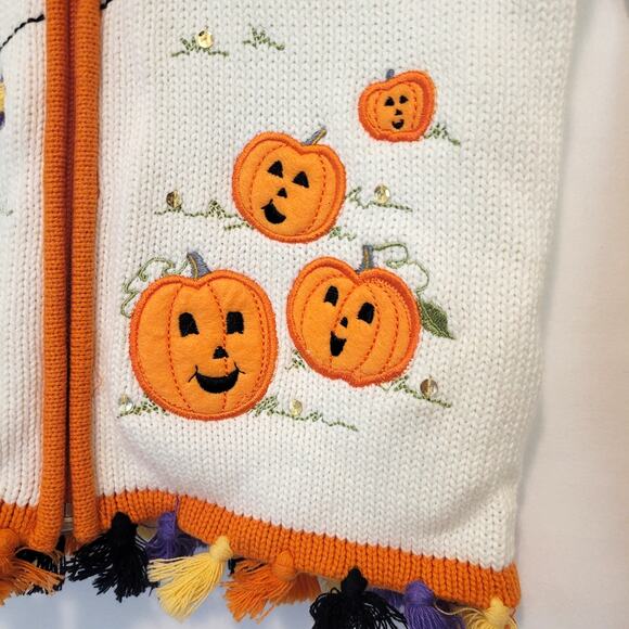 Halloween Pumpkin Sweater Hooded Youth 6/6X Scarecrow House Bat Full Zip Tassels - Picture 2 of 15